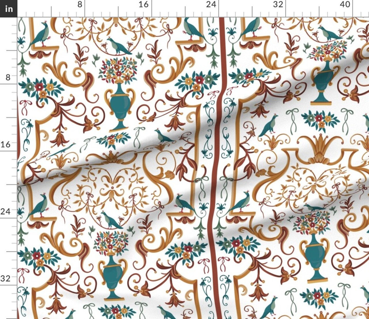 White Floral Birds Ribbons Vase Italian Naples Baroque Palace Villa Mediterranean Botanical Fresco Rococo Large Scale Custom Printed Fabric by Spoonflower Various Fabrics by the Yard or Fat Quarter